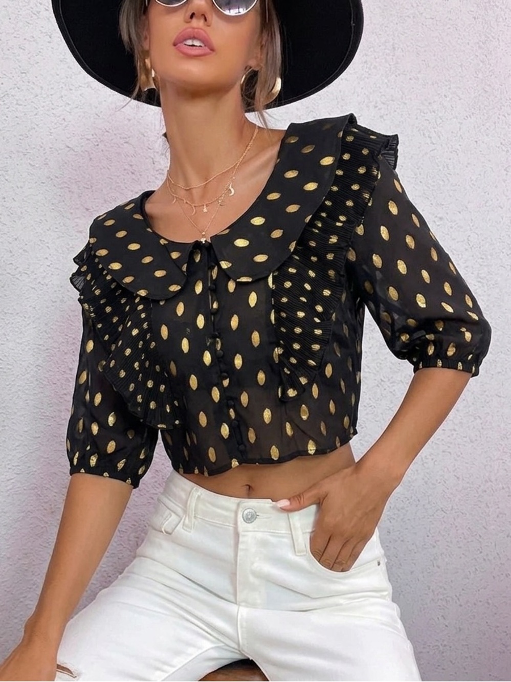 Black & Gold Polka Dot Ruffle Blouse